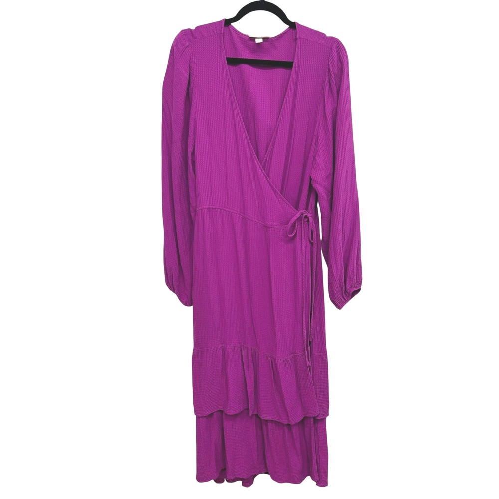 Knox Rose Purple Waffle Knit Maxi Wrap Dress Tiered‎ Puff Sleeve Cottagecore XL